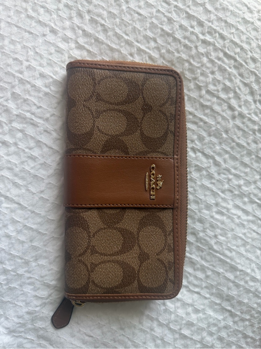 Coach Brown Signature Logo Zip Wallet with Leather Trim
